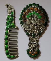 Vintage Maniya Enameled Mirror and Comb Set w/Colorful Peacock