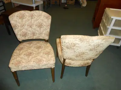 Pair of solid wood chairs with 2" cushion with tan floral fabric, View more