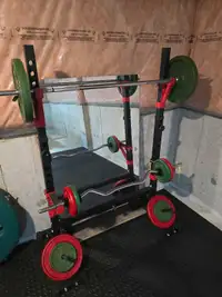 180 lbs of weight + squat rack + barbell + ez bar combo