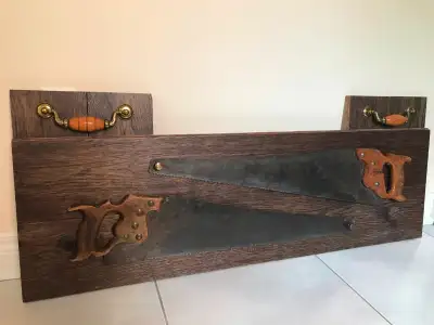 Art/Hanging Headboard .. Hand Scraped Oak & Antique Saws, View more