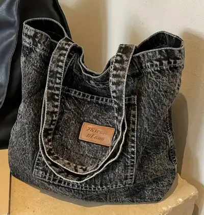 Stone-Washed  Black Denim Tote Bag,  Large Capacity - NEW!!, View more
