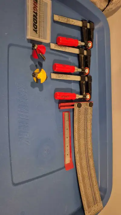 Selling an assortment of woodworking tools. Most are brand new. - 3x 4" bessey clamps - 12" incra ru...
