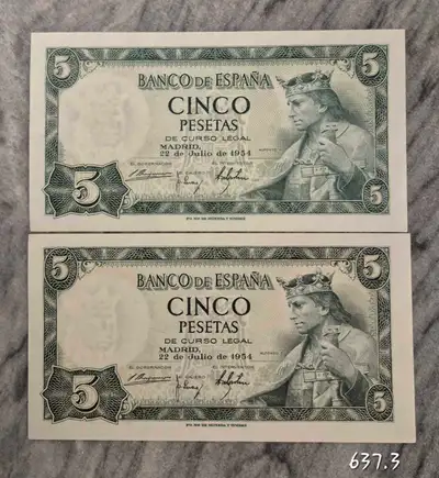 Espagne 2x 5 Pesetas 1954 Spain banknote set, View more