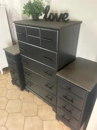 refinished solid wood tallboy and pair of tall nightstands, View more