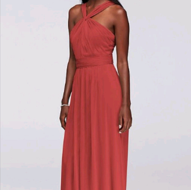 David's Bridal Y-Neck Coral Chiffon Evening Gown (Size 0) in Women's - Dresses & Skirts in Edmonton