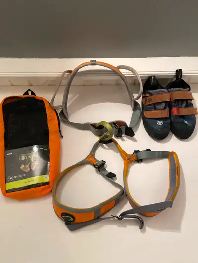 Kids Climbing Harness size XXS and Evolv Climbing shoes size 4, View more