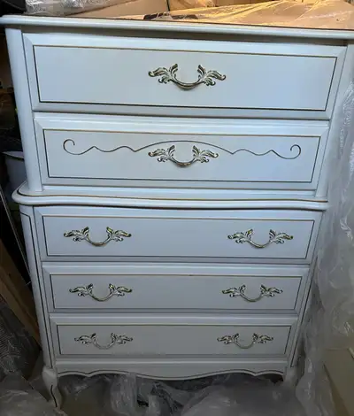 French Provincial Bedroom Set – Antique White with Gold Finish, View more