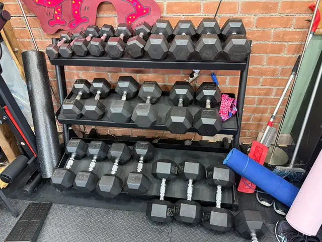 Rubber Hex Dumbbell Set + 3 Tier Rack | 5-60lb