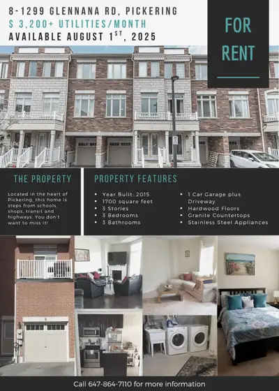 **BEAUTIFUL 3 BDRM Townhouse for Rent in PICKERING**