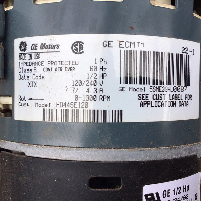ECM 2.3 Motor "GE"  1/2 HP,  120/240V, in Other Business & Industrial in Oakville / Halton Region - Image 2