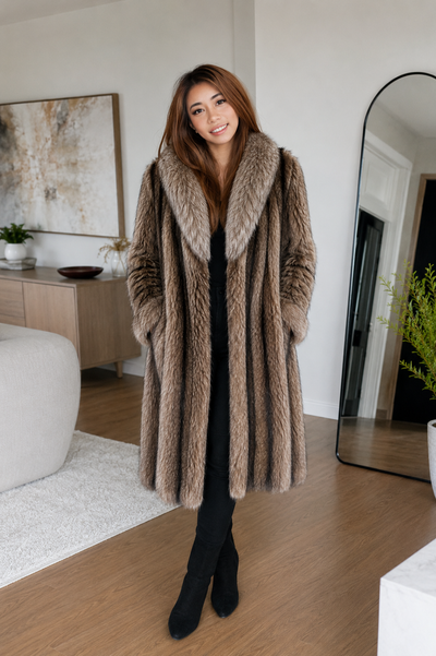 Beautiful Full-Length Raccoon Fur Coat with Fox Trim, View more