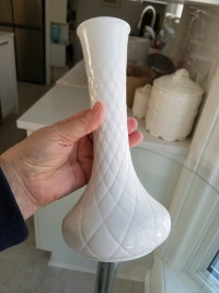 Vintage Milk Glass Cross Hatched Genie Vase