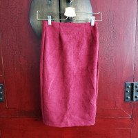 Vintage Red Suede Leather Midi Pencil Skirt with Back Slit