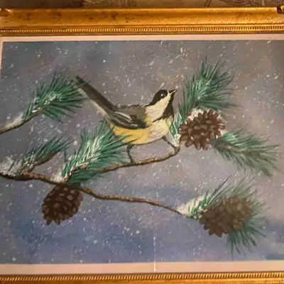 Chirping  bird on branch painting , View more