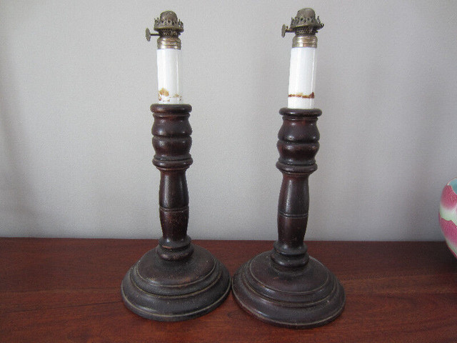 Antique Unusual Pair Glass and Wood Candle Stick Oil Lamps in Arts & Collectibles in Ottawa