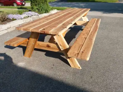 Classic style 8' cedar picnic tables. Tops fastend with stainless steel screws and legs with galvani...