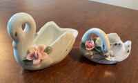 2 White Porcelain Ceramic Swan Trinket Dishes Mini Planters