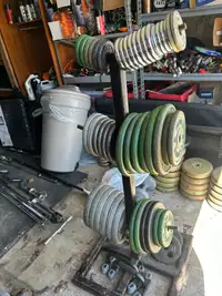 1” metal weight plates, tree rack, and bar