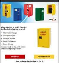 FLAMMABLE STORAGE CABINETS ON SALE. JUSTRITE & ZENITH CABINETS.