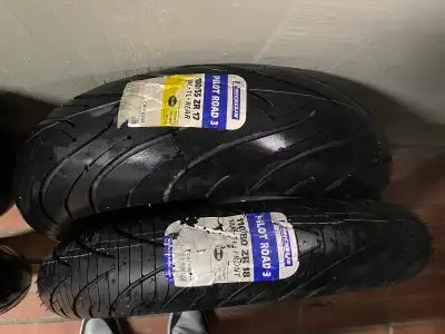 I am selling a pair of Michelin Pilot Road 3 motorcycle tires. The front tire is a 110/80 ZR 18, and...