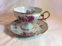 Vtg ROYAL STAFFORD Pink/Pearl/Gold FOOTED CUP & SAUCER SET-Grt C