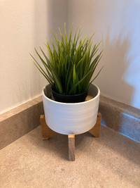 White Ceramic/Wood Planter with Artificial Plant - 6”x6”