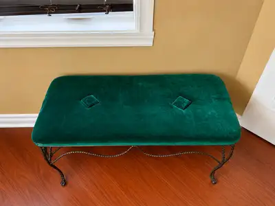 Vintage Wrought Iron Vanity Chair and Bench Set with Green Velve, View more