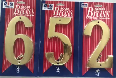 Three New vintage solid brass 7” house numbers with brass screws still sealed in their original disp...