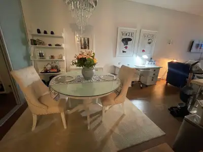 Oxford white kitchen table with glass top and two chairs, View more