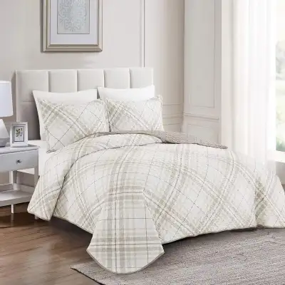 New 3 PC Beige Taupe Brown Plaid Reversible Quilt Set • KING, View more