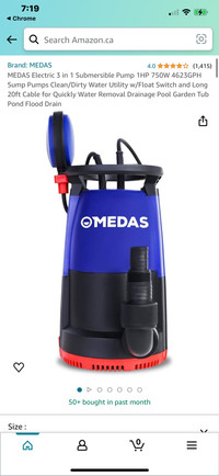 MEDAS Electric 3 in 1 Submersible Pump 1HP 750W 4623GPH Sump Pum