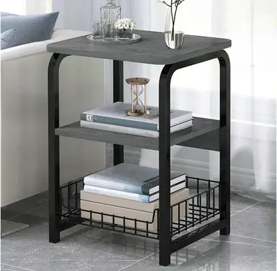 Gray wood look 3-tier side table with black metal frame 40*30*61, View more