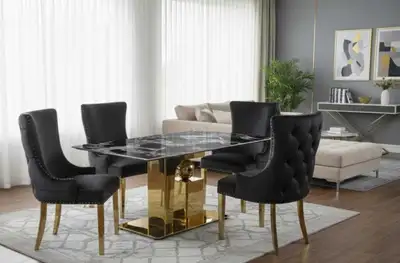 Black Marble Dining Set with Gold Base and Black Tufted Chairs , View more