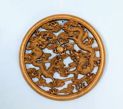 Double Dragon Play with Pearl Wood Carving Asian Wall Decoration, View more