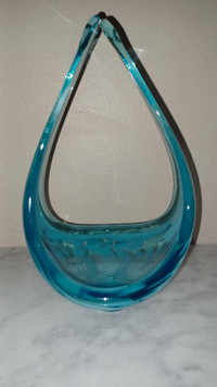 8"T Vintage Hand-blown Art Glass Bowl Teal Blue w White Streaks