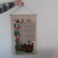 Vintage Calendar Pure Linen Tea Towel 1973 Pheasants