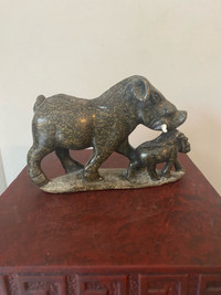 Antique stone carved boar with baby. 8.5”x6”x3”.