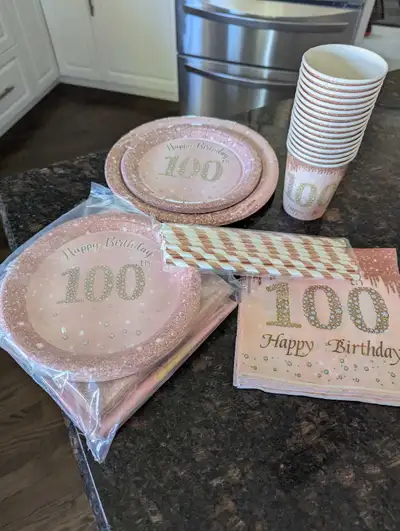 New still in package 41 piece set. Include tablecloth, napkins and 6 inch plates. Also included are...