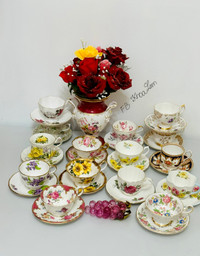 Huge collection of antique England Bone China floral tea cups 