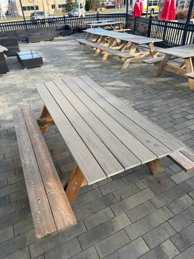 I have 8 picnic tables - wood base - composite top, very durable, doesn’t fade or scratch - 7 feet l...