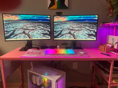 Desktop gaming computer with desk and accessories., View more