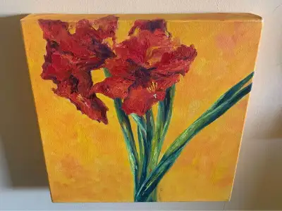 Magnifique toile d’amaryllis rouge signée, 12"x12"x2" /fonds or, View more