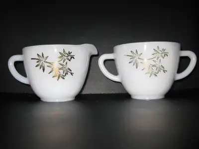 Vintage 1960s Federal Milk Glass Creamer and Sugar Bowl. Heat Proof, Federal Glass. Golden Glory pat...