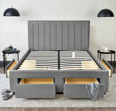 Queen/King Grey Linen Platform Bed Frame 4 Drawers Channel Tufte, View more