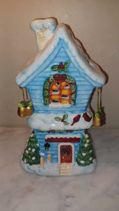 9"T Decorated Winter Holiday Cottage House Candle Holder, View more