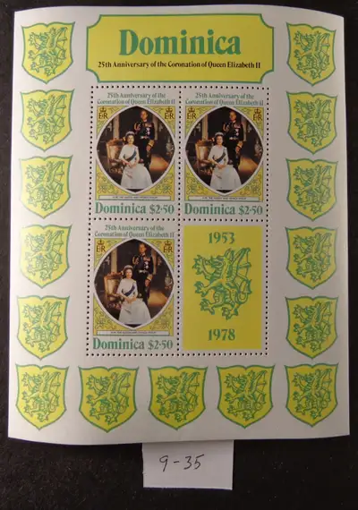 TIMBRES DOMINICA #570-572 (9-35) 3 FEUILLETS 25e ANNIVERSAIRE DU COURONNEMENT REINE ELIZABETH II NEU...