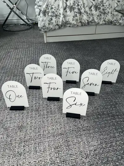 Selling my Black & White Acrylic Arched Table Number Signs (1-8) All are in excellent condition. Use...