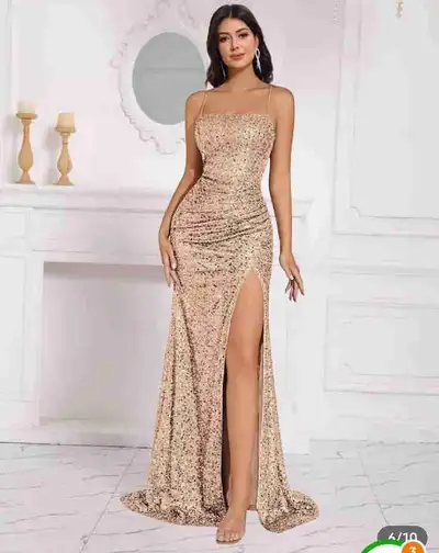 Sequined Spaghetti Strap Waist-Cinching Slit Floor-Length dress, View more