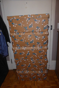 6 LONG DECORATIVE CARDBOARD STORAGE OR MOVING BOXES