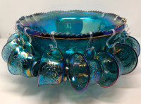 Blue Indiana Carnival Glass Punch Bowl Set